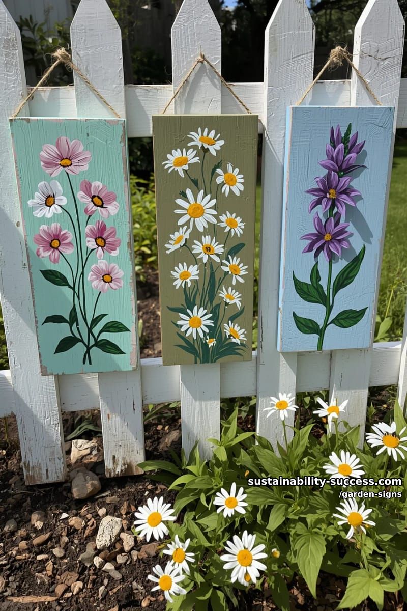 three folk-art style floral wooden signs hanging on a white picket fence 1