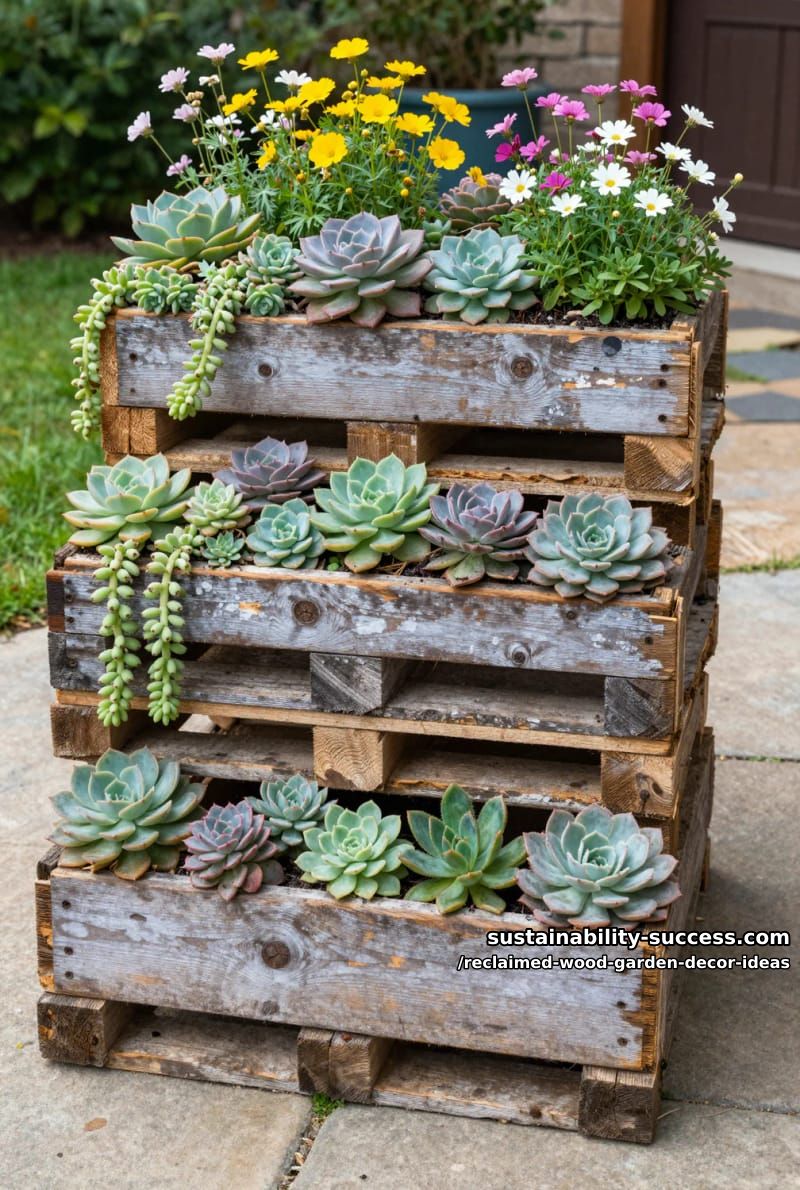 tiered pallet planter boxes with cascading succulents and wildflowers 1