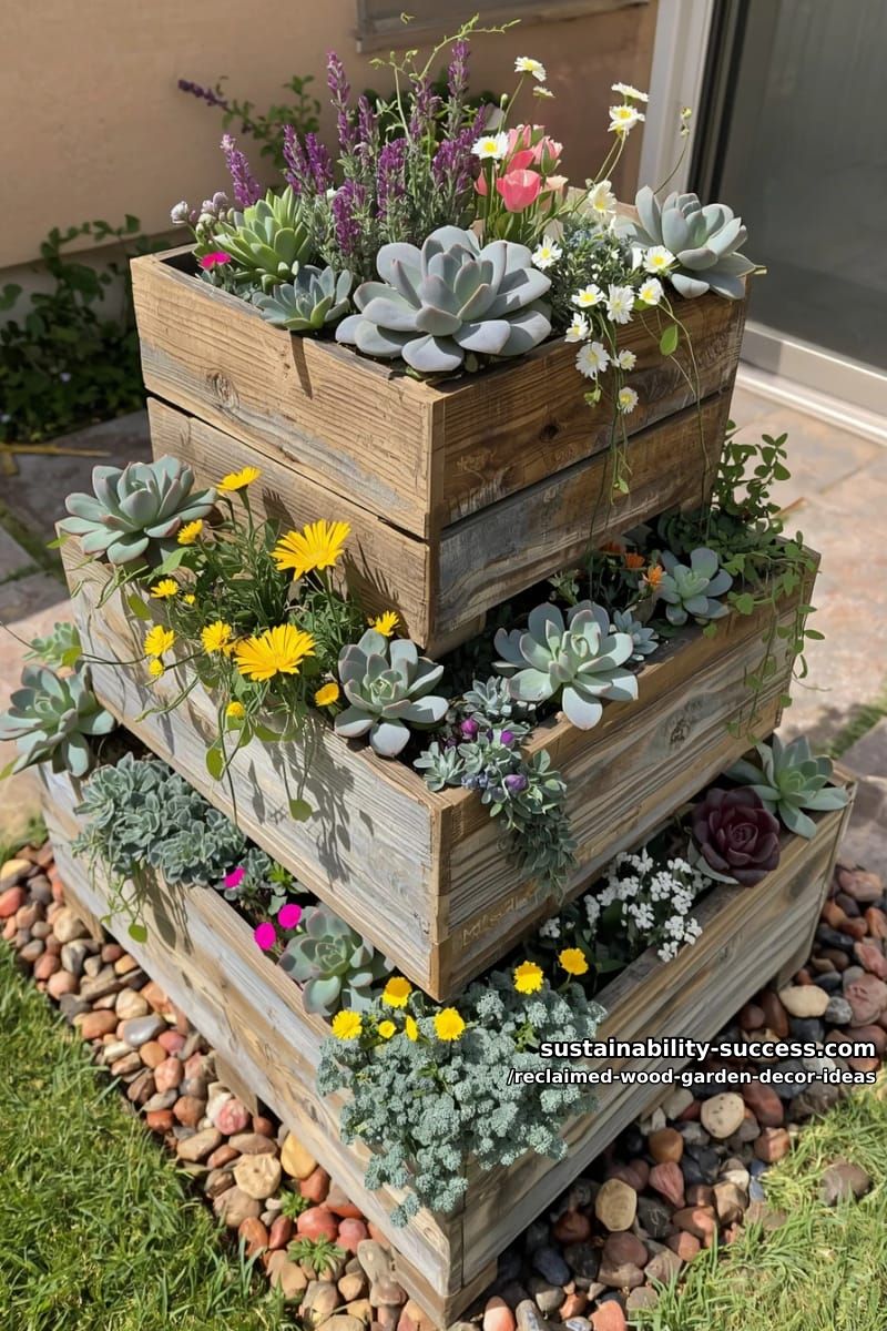 tiered pallet planter boxes with cascading succulents and wildflowers 1