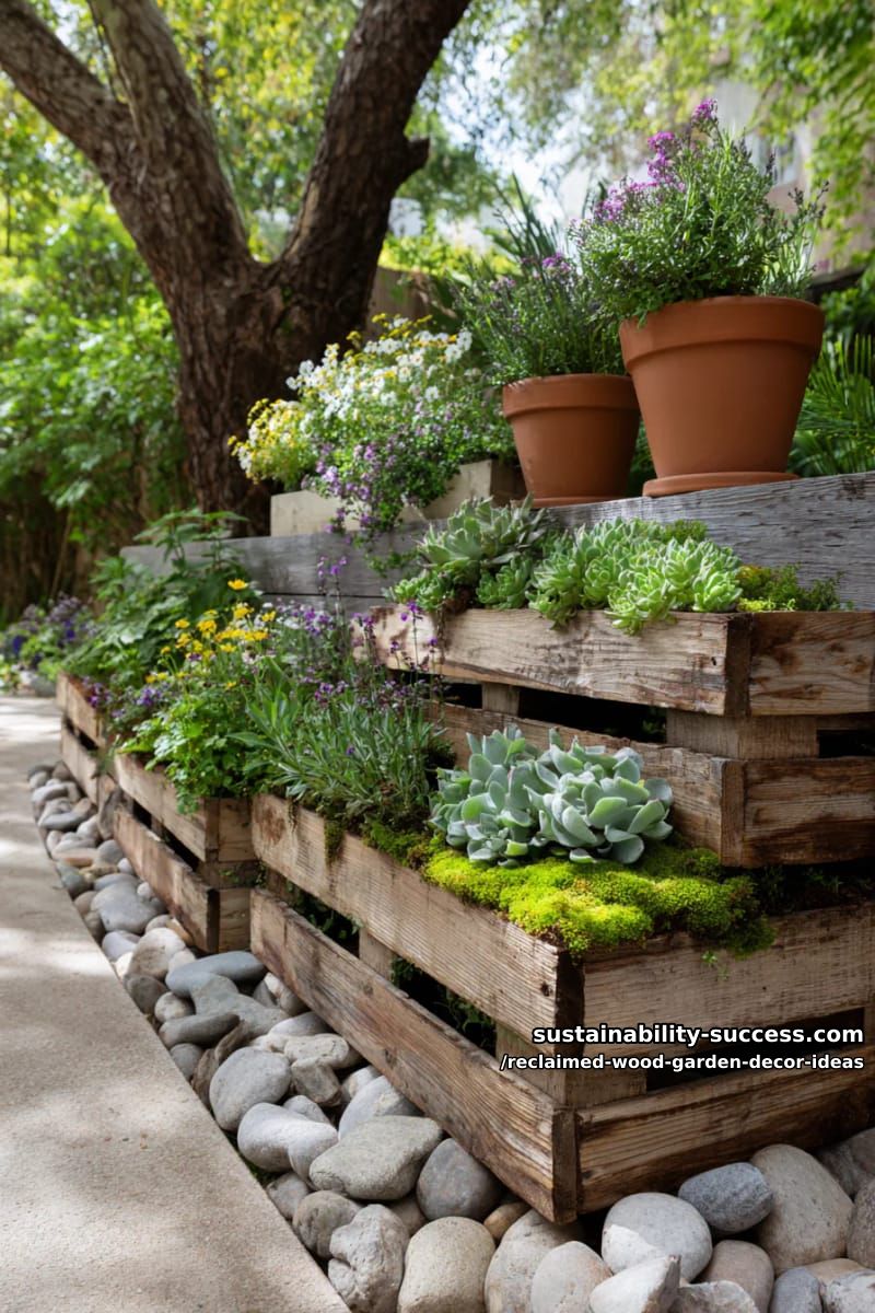 tiered pallet planter boxes with cascading succulents and wildflowers 1