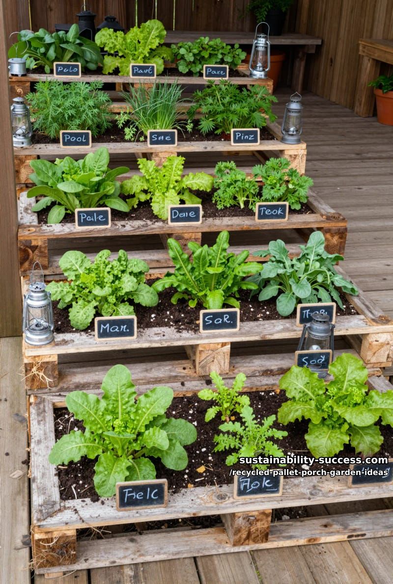 tiered pallet vegetable garden lined with chalkboard plant labels and small lanterns 1