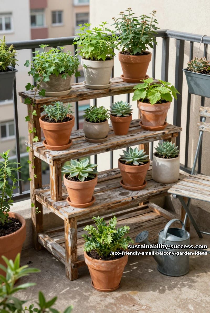 tiered stands made from old wood for compact balcony planting 1