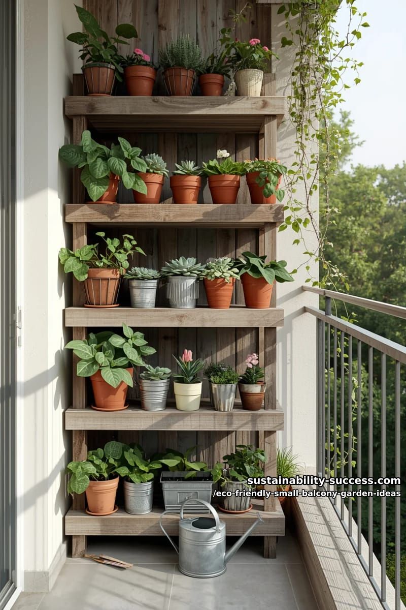 tiered stands made from old wood for compact balcony planting 1