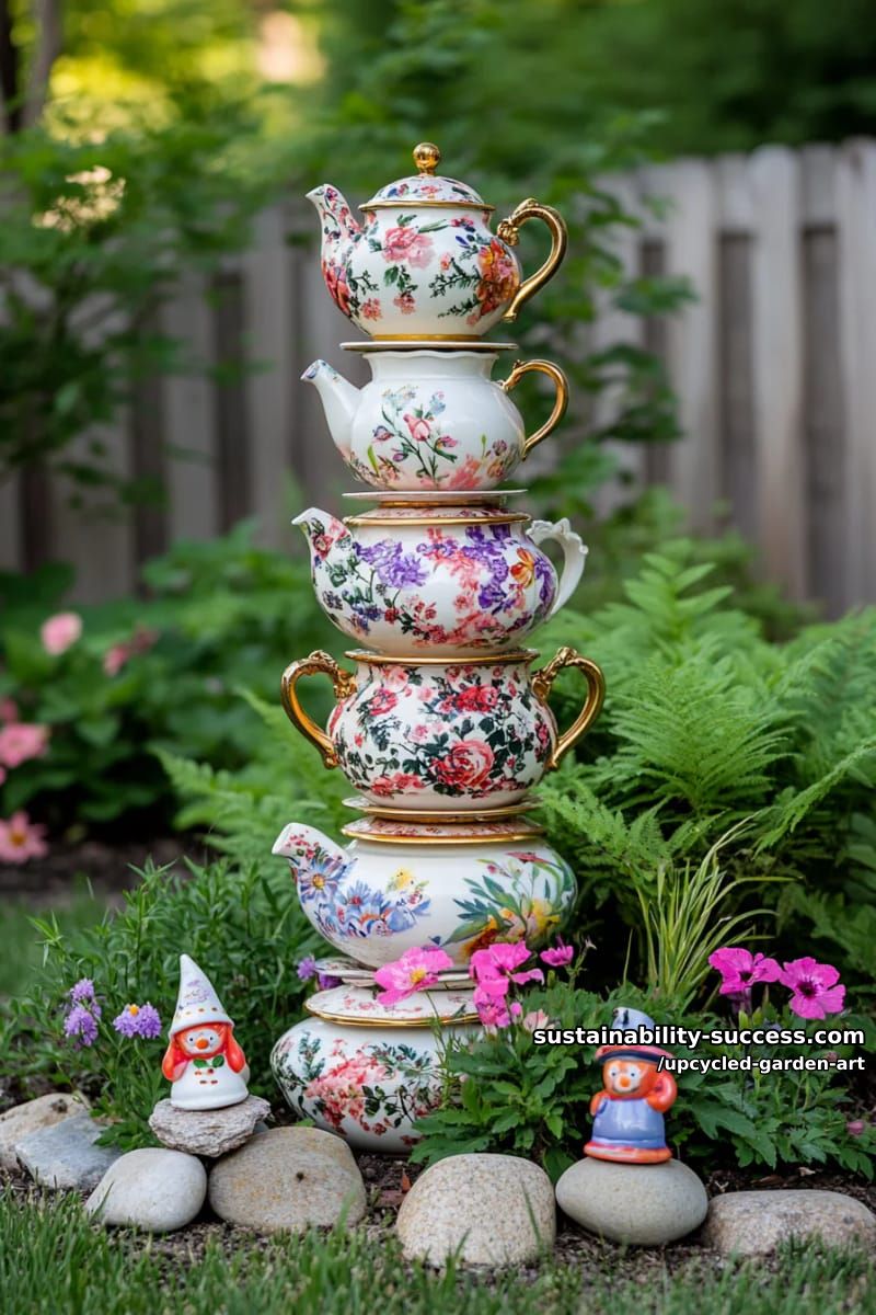 tower of stacked teapots and cups as quirky garden totem 1