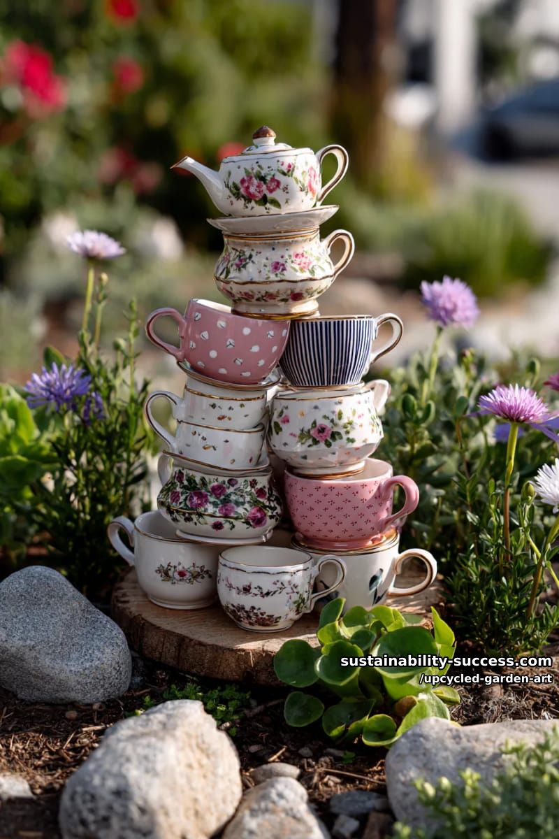 tower of stacked teapots and cups as quirky garden totem 1