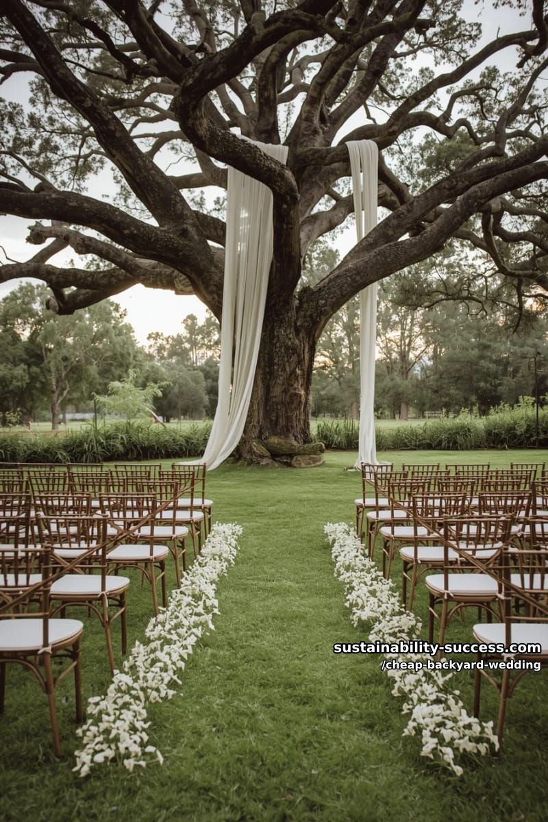 tree draped with white fabric and flower aisle for outdoor ceremony 1