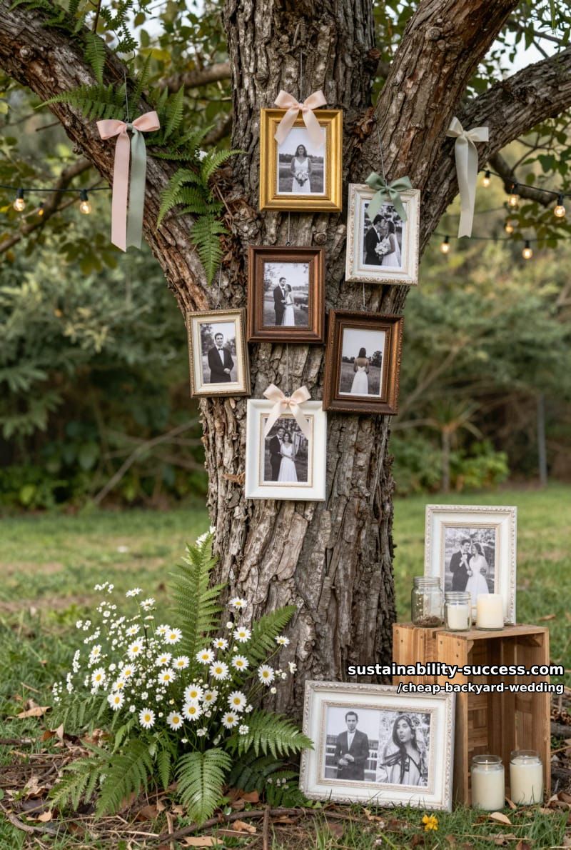 tree trunk photo display with vintage frames and ribbon bows for events 1