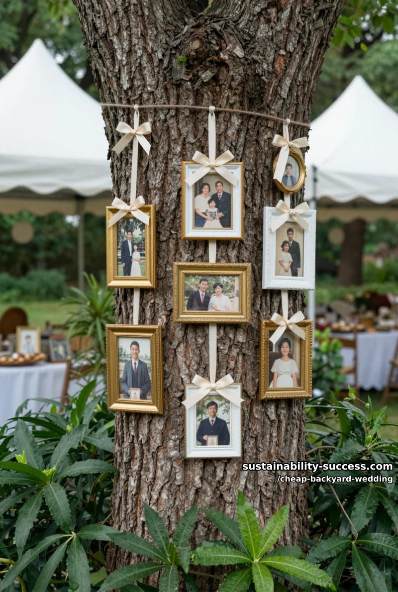tree trunk photo display with vintage frames and ribbon bows for events 1