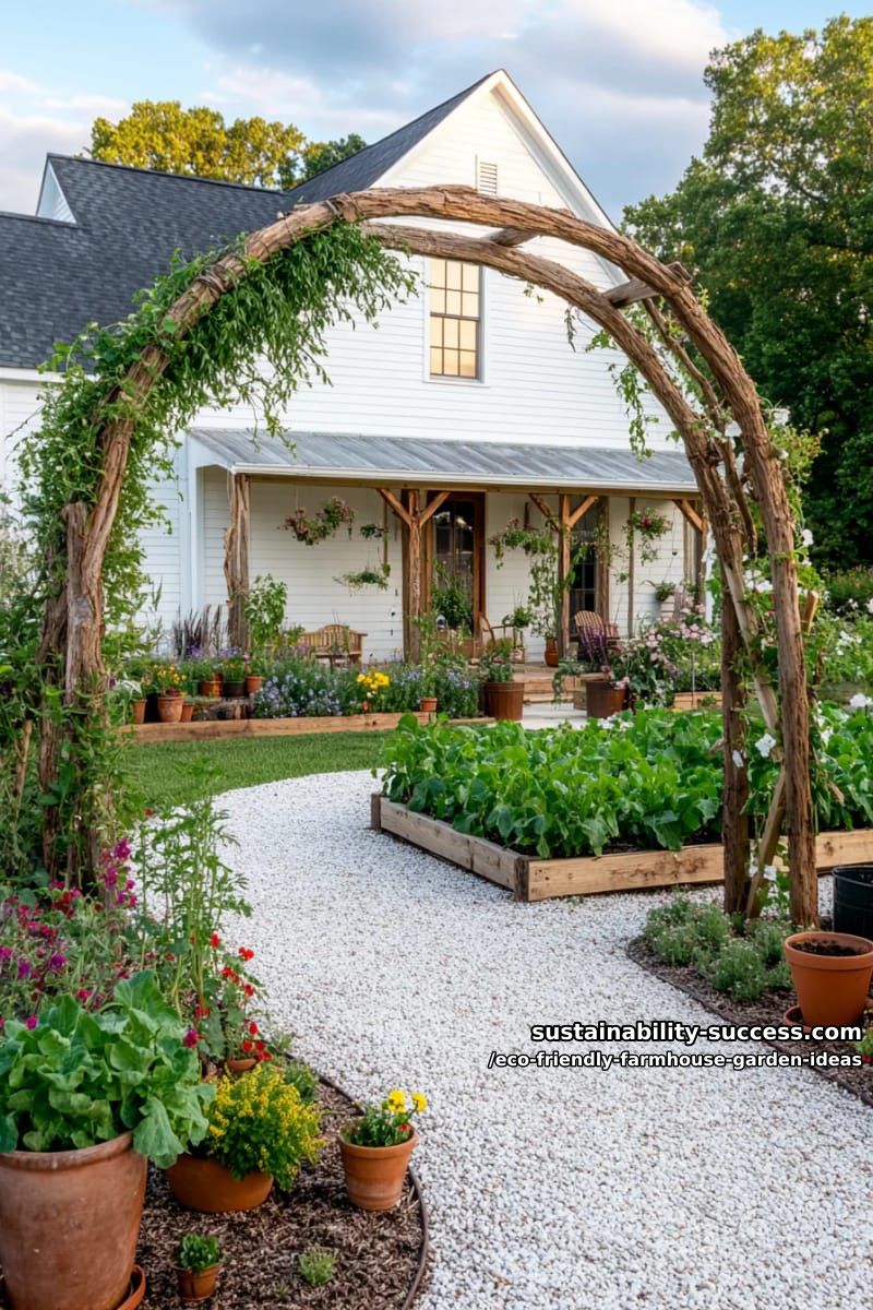 trellis archways covered in climbing beans and sweet peas made from salvaged wood 1