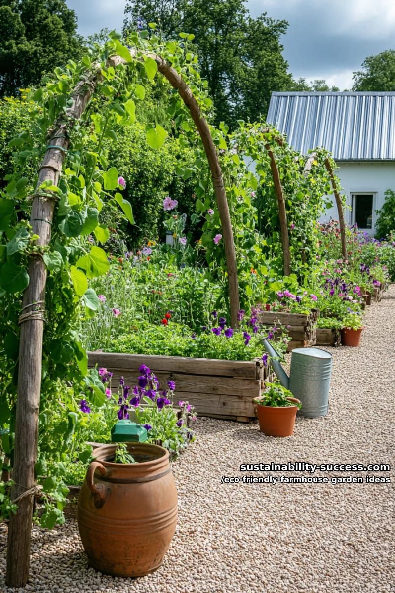 trellis archways covered in climbing beans and sweet peas made from salvaged wood 1