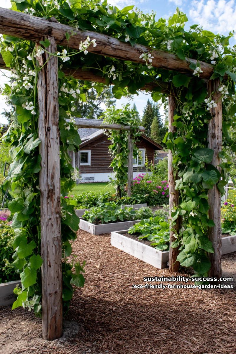 trellis archways covered in climbing beans and sweet peas made from salvaged wood 1
