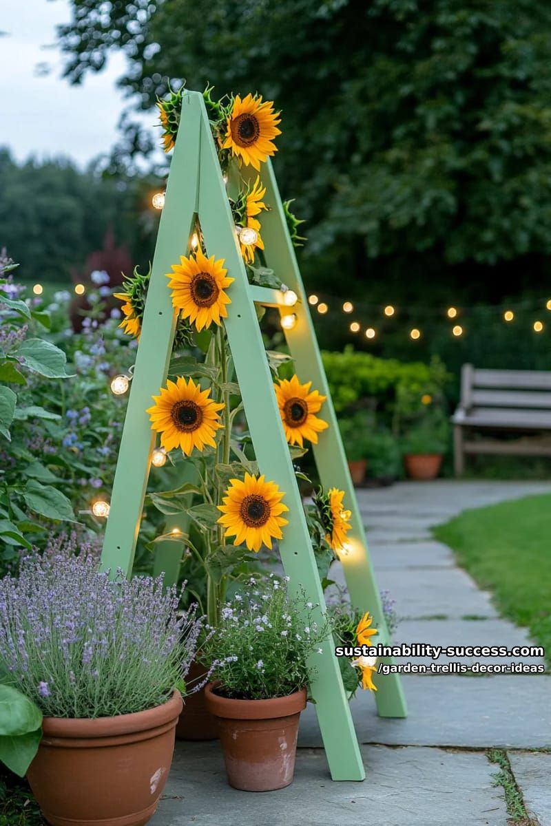 triangular painted obelisk trellis with sunflowers and string lights 1