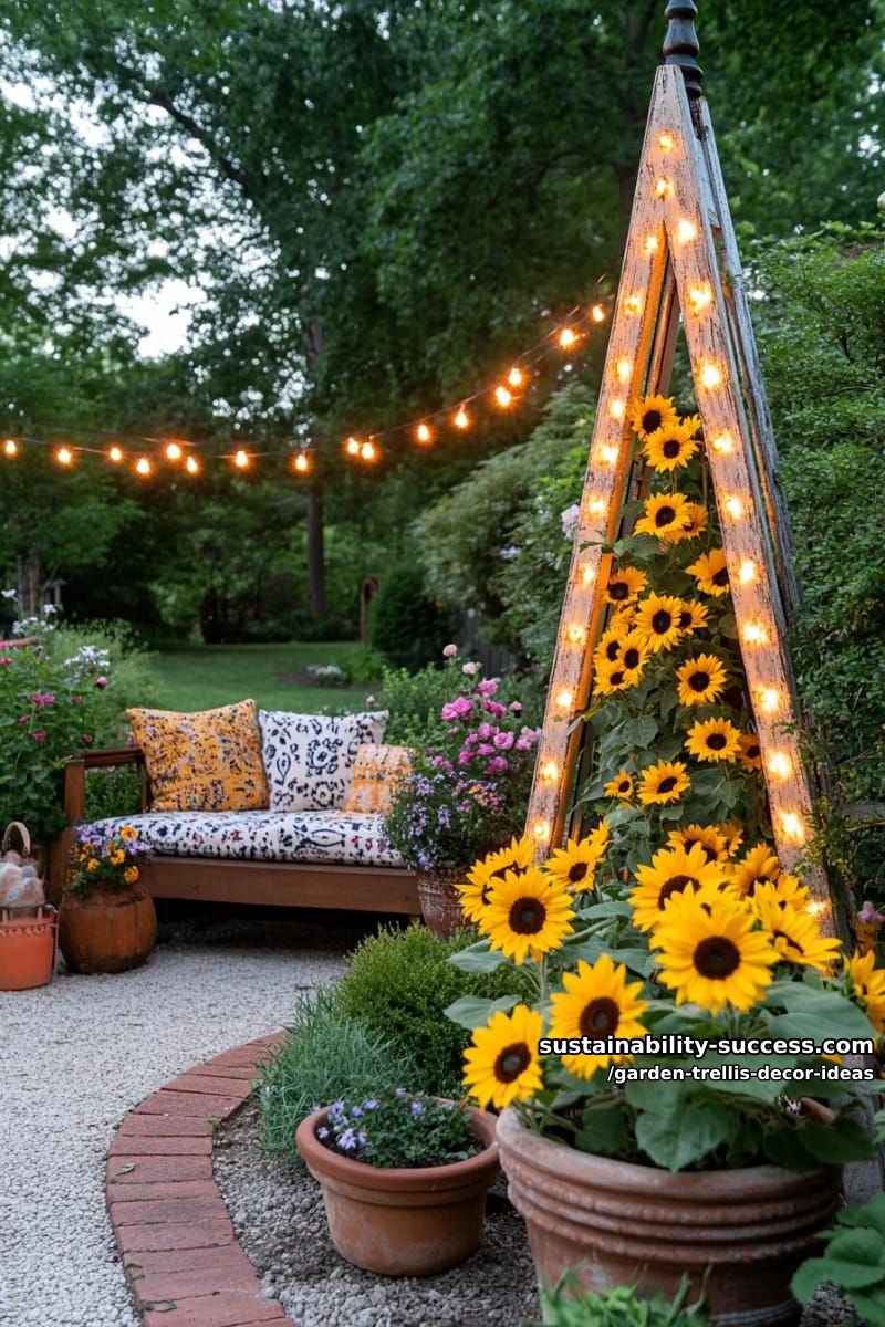 triangular painted obelisk trellis with sunflowers and string lights 1