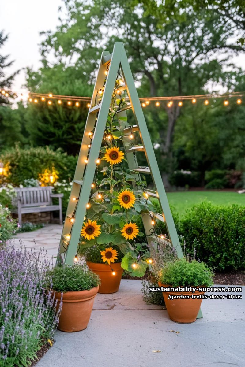 triangular painted obelisk trellis with sunflowers and string lights 1
