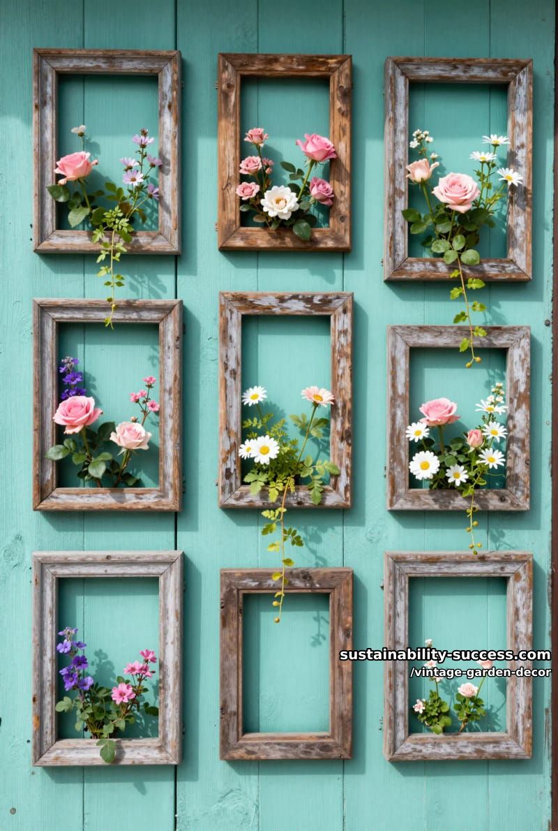 turquoise wooden wall with distressed frames filled with blooming flowers. 1