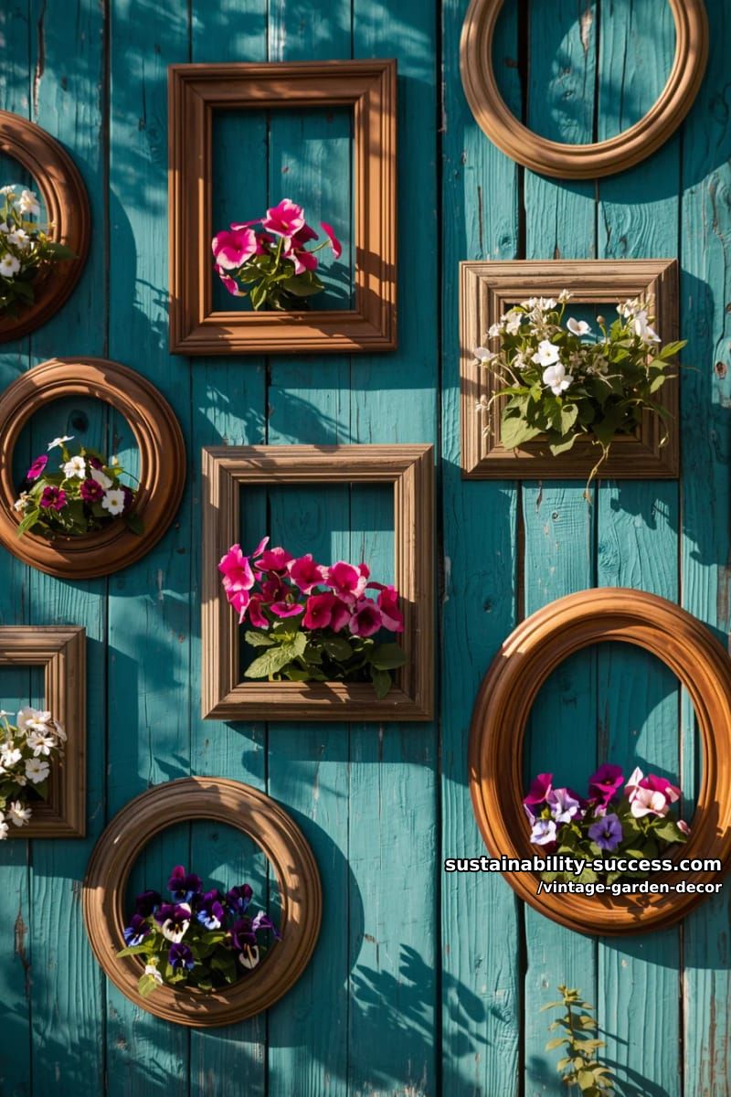 turquoise wooden wall with distressed frames filled with blooming flowers. 1