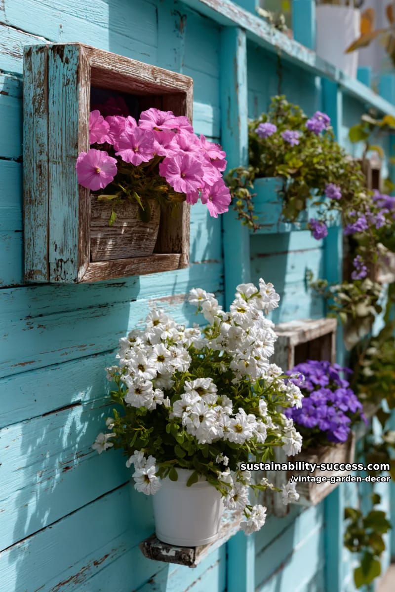turquoise wooden wall with distressed frames filled with blooming flowers. 1