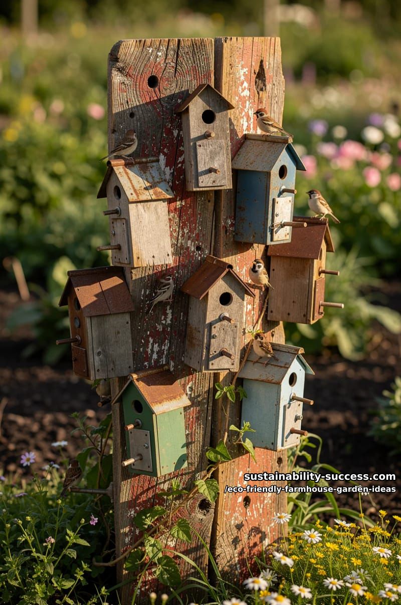 upcycled birdhouse village mounted on reclaimed barnwood for organic pest control 1