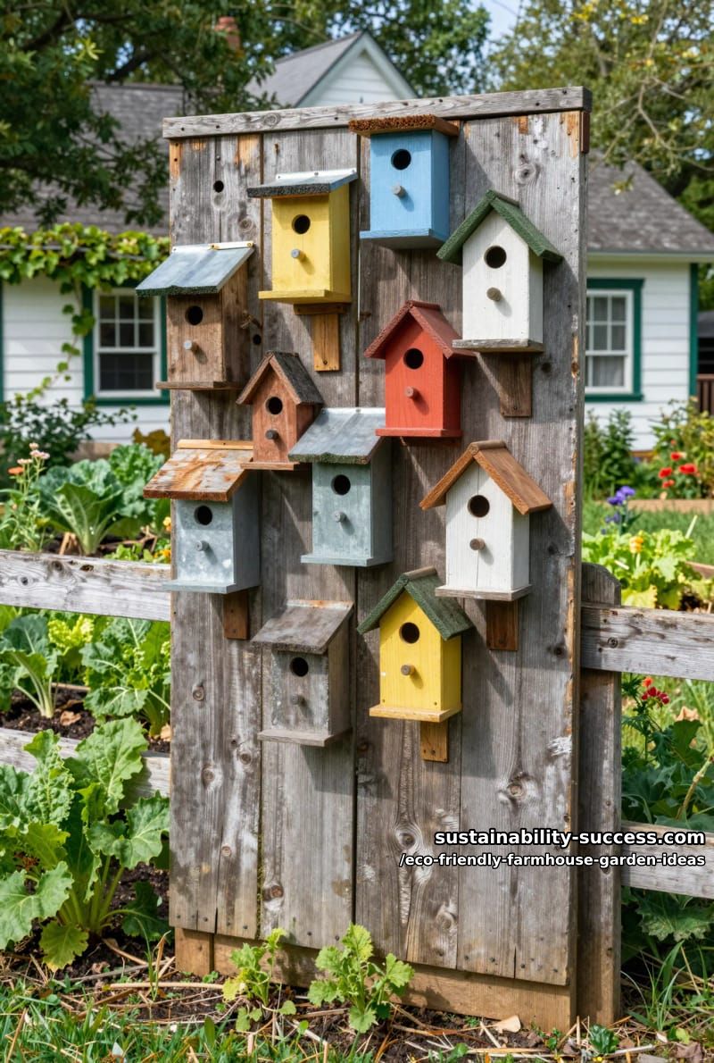 upcycled birdhouse village mounted on reclaimed barnwood for organic pest control 1