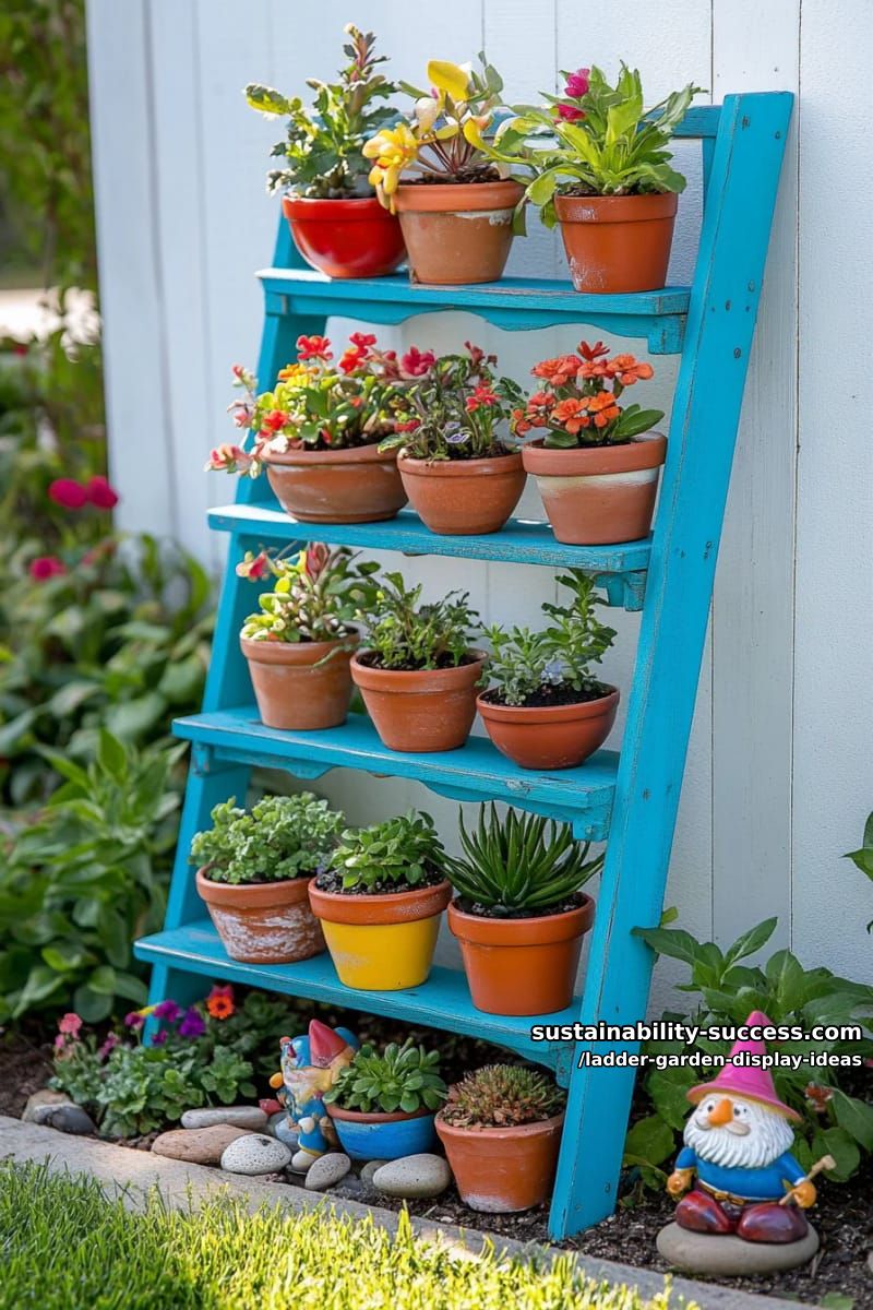 upcycled blue ladder displaying rainbow painted pots for kids’ mini-garden 1