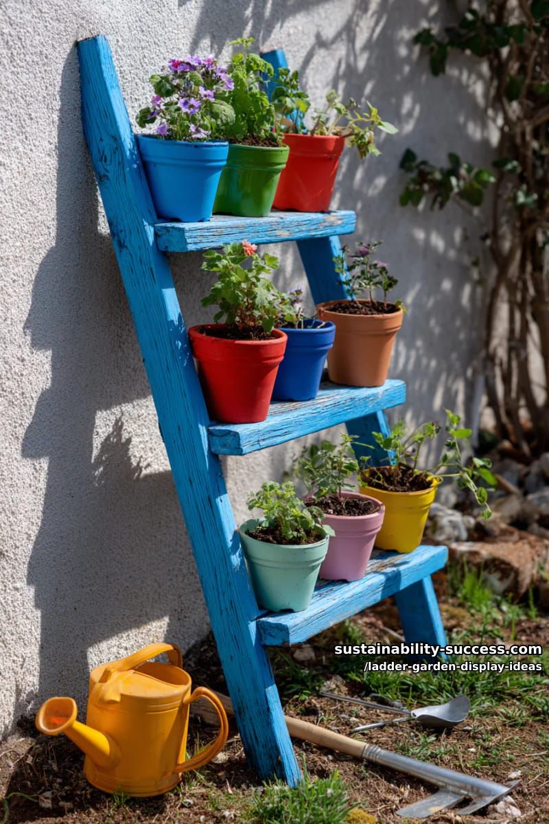 upcycled blue ladder displaying rainbow painted pots for kids’ mini-garden 1