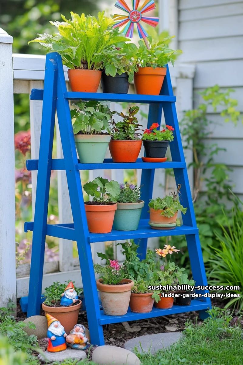 upcycled blue ladder displaying rainbow painted pots for kids’ mini-garden 1