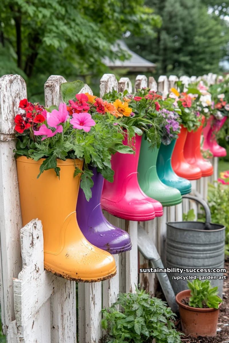 upcycled rain boot planters arranged along a rustic fence 1
