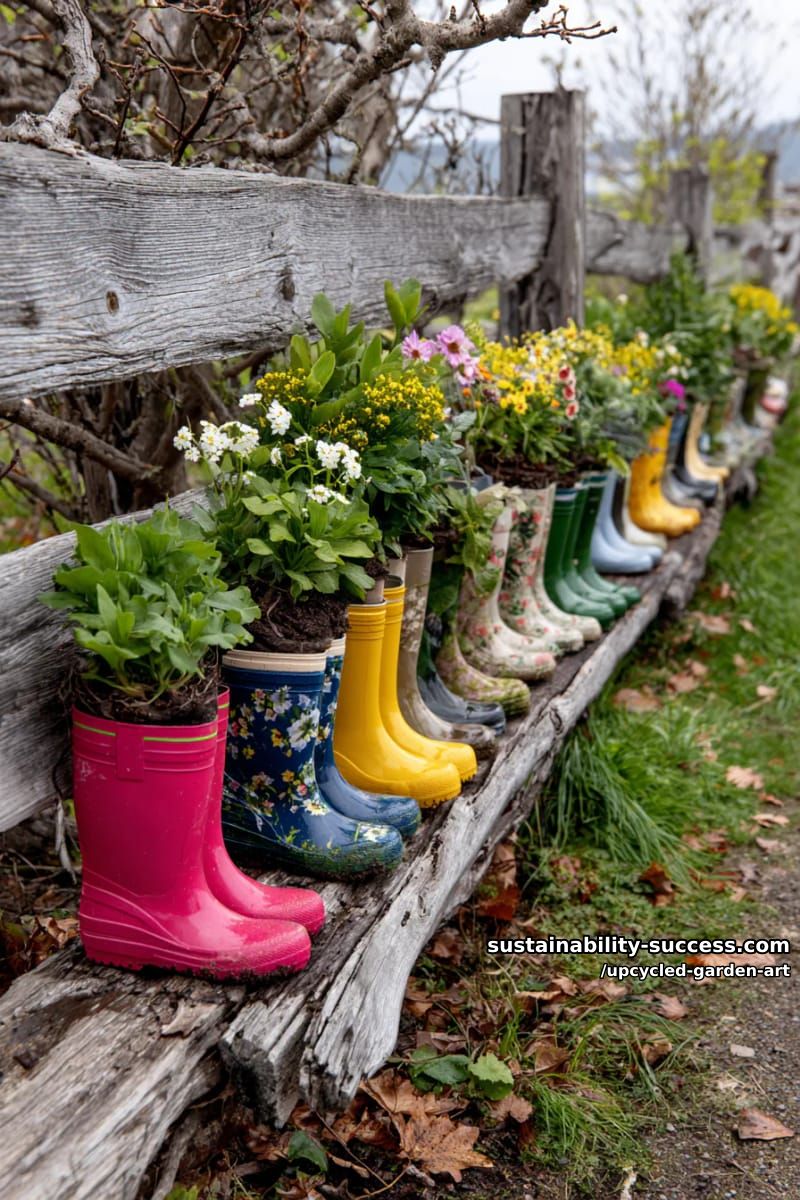 upcycled rain boot planters arranged along a rustic fence 1