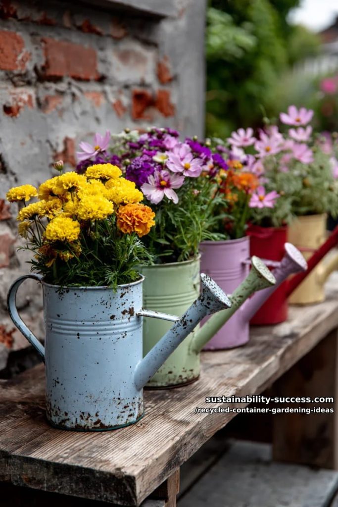 upcycled watering cans in a row, filled with pollinator blooms 35
