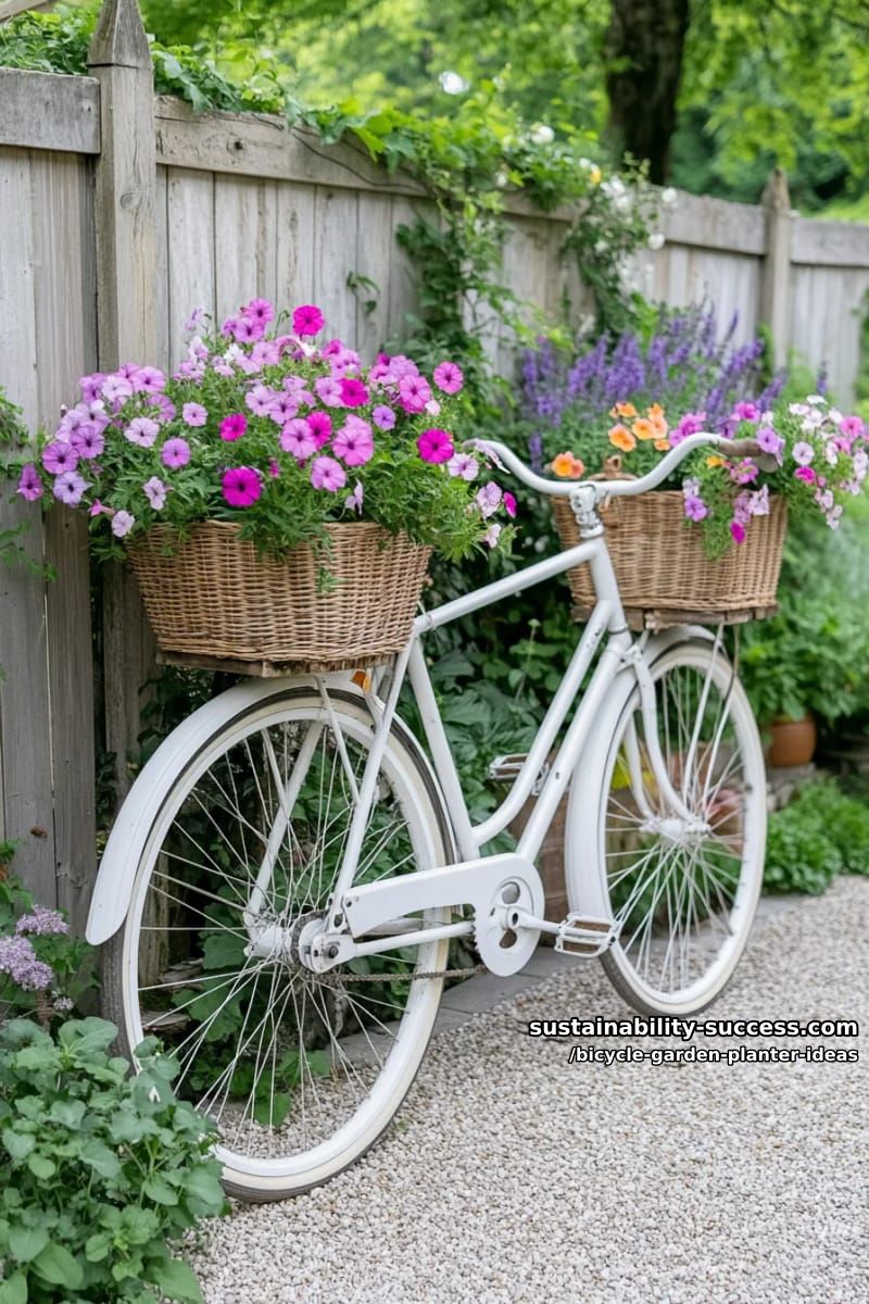 15 Creative Bicycle Planter Ideas for a Charming Garden Display 13 upcycled white bike with cascading petunias hanging from both wheels 1