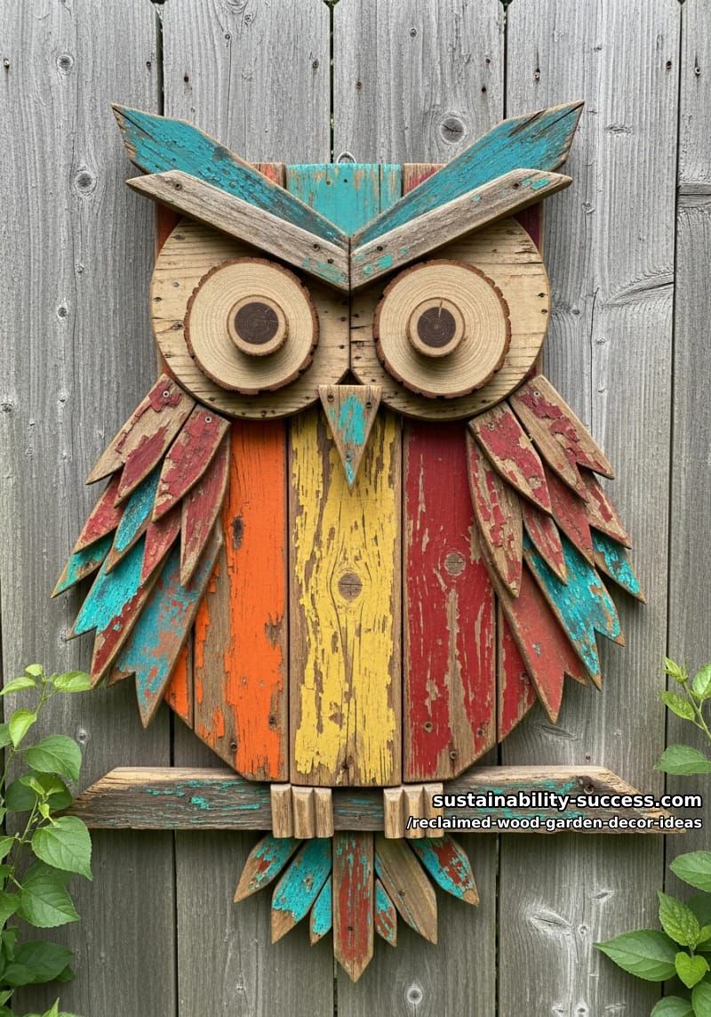 upcycled wood owl wall art with vibrant, rustic colors and textured details 1