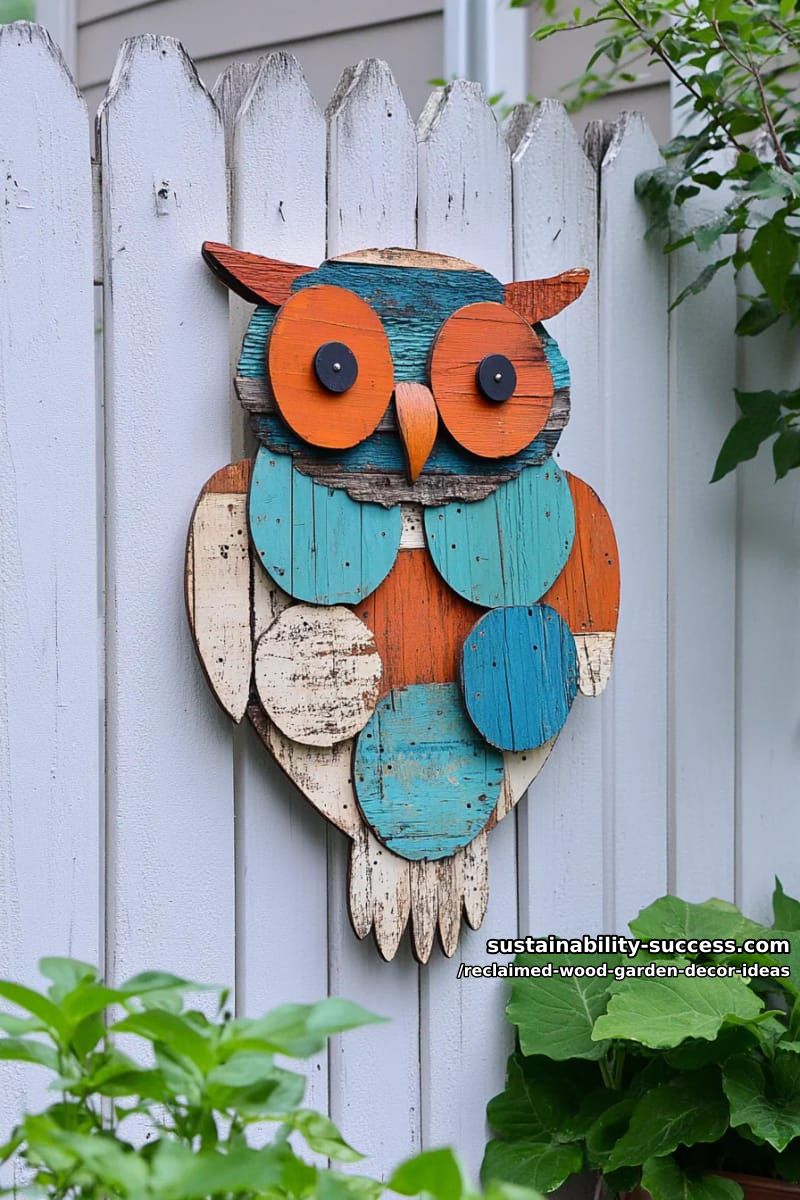 upcycled wood owl wall art with vibrant, rustic colors and textured details 1