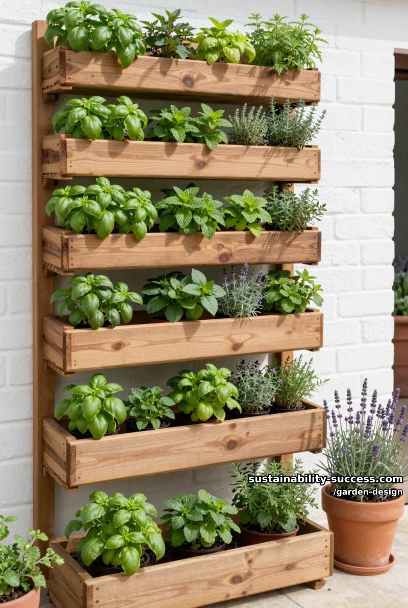 vertical herb garden using rustic wooden crates on white brick wall. 1