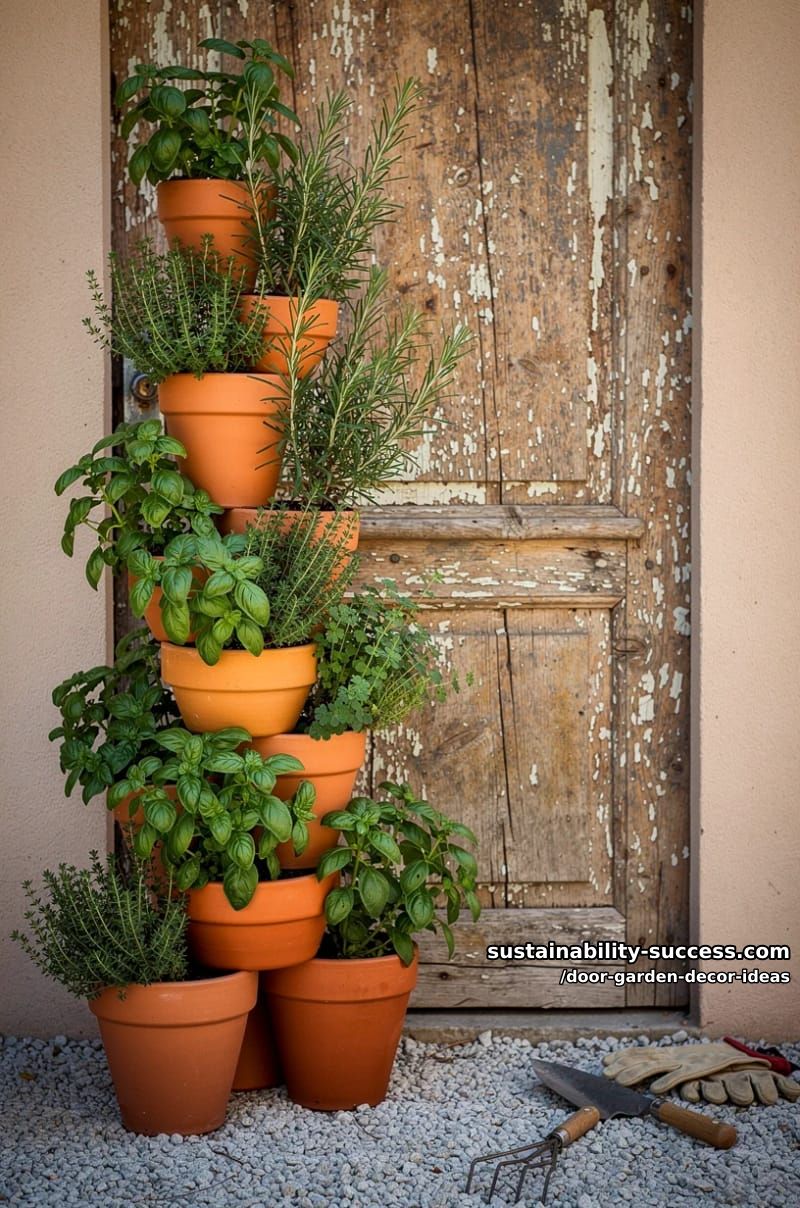 vertical herb garden using stacked terracotta pots on a distressed door 1