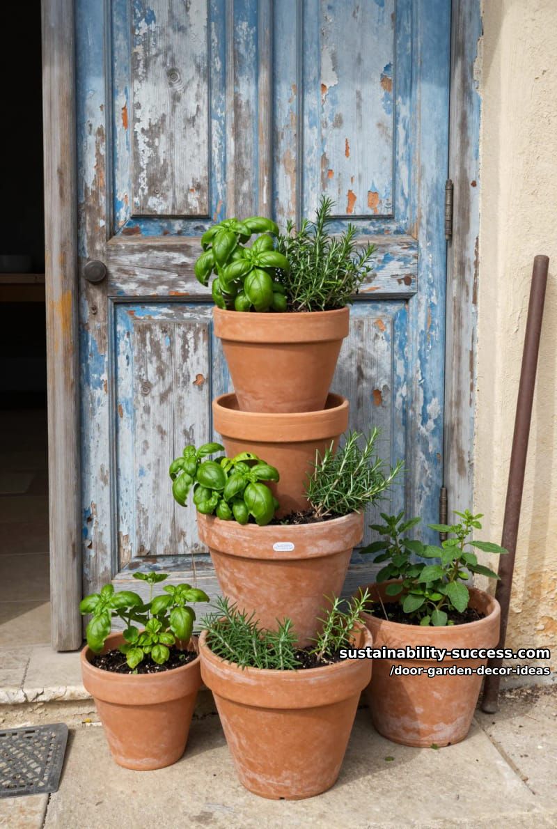 vertical herb garden using stacked terracotta pots on a distressed door 1