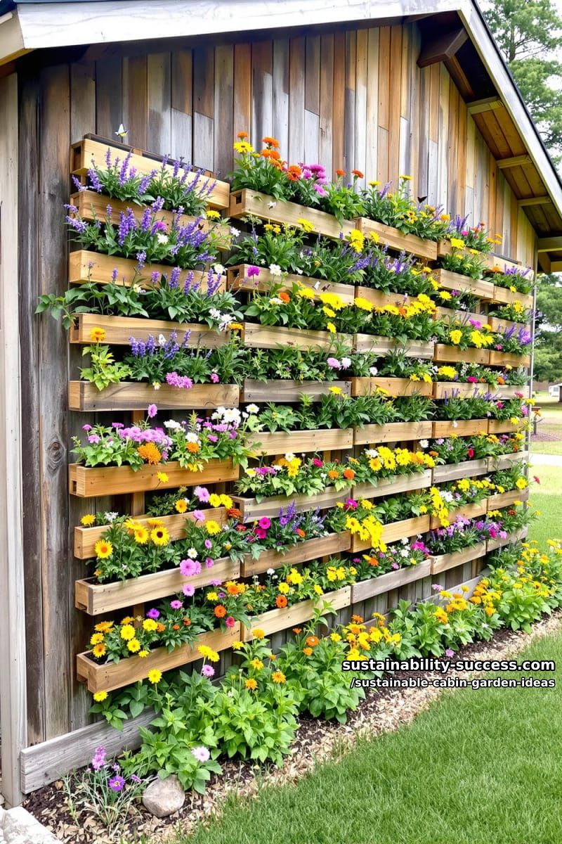 vertical pallet gardens covering one cabin wall with pollinator-friendly blooms 1