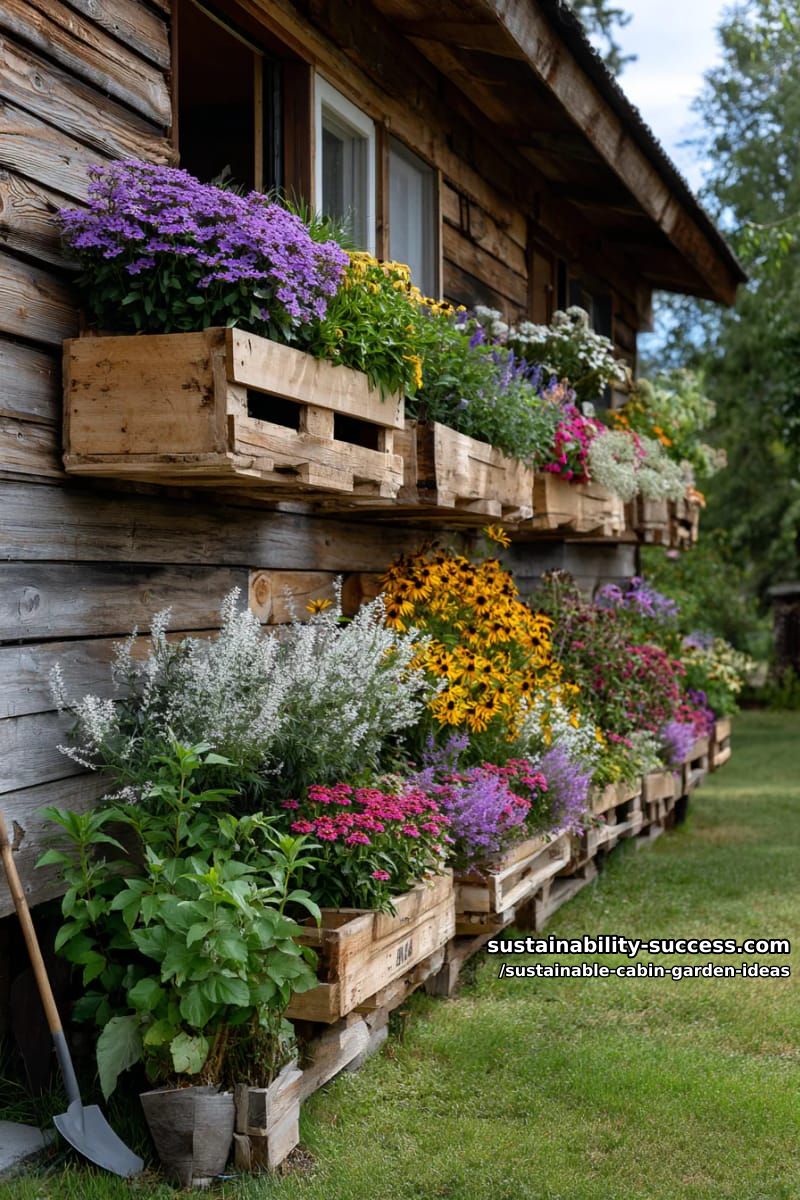 vertical pallet gardens covering one cabin wall with pollinator-friendly blooms 1