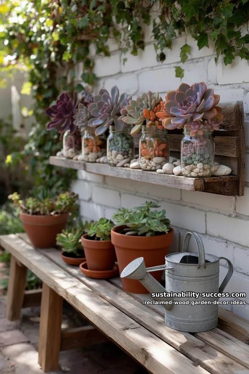 vertical succulent display using slatted pallet sections and mason jars 1