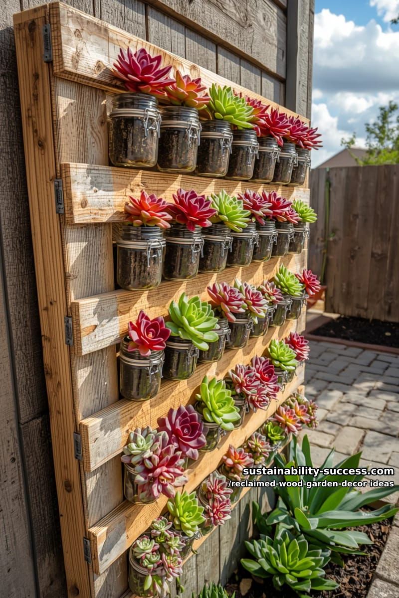 vertical succulent display using slatted pallet sections and mason jars 1