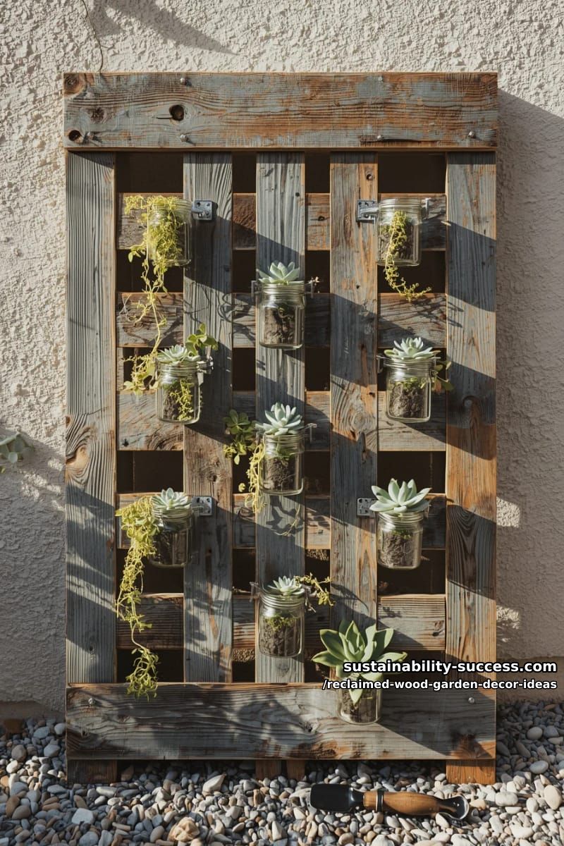 vertical succulent display using slatted pallet sections and mason jars 1