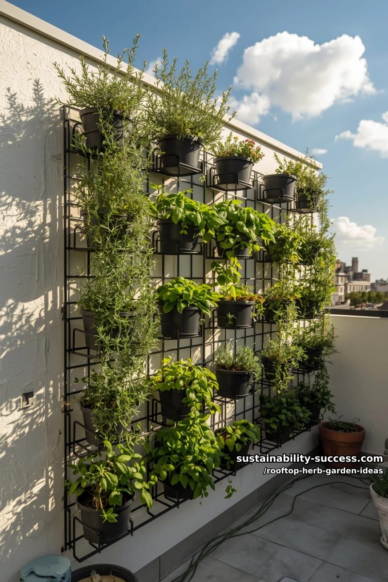 vertical wall planters filled with cascading rosemary and lush basil 1