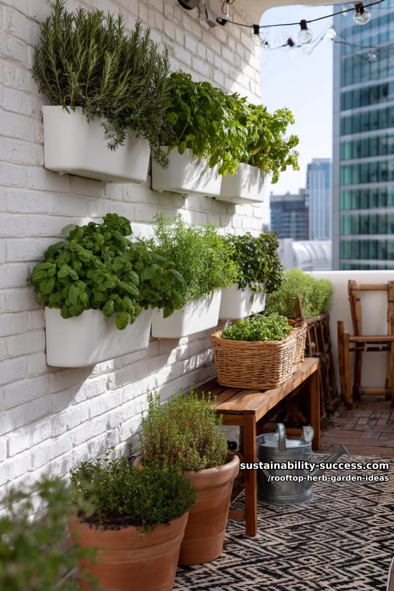vertical wall planters filled with cascading rosemary and lush basil 1