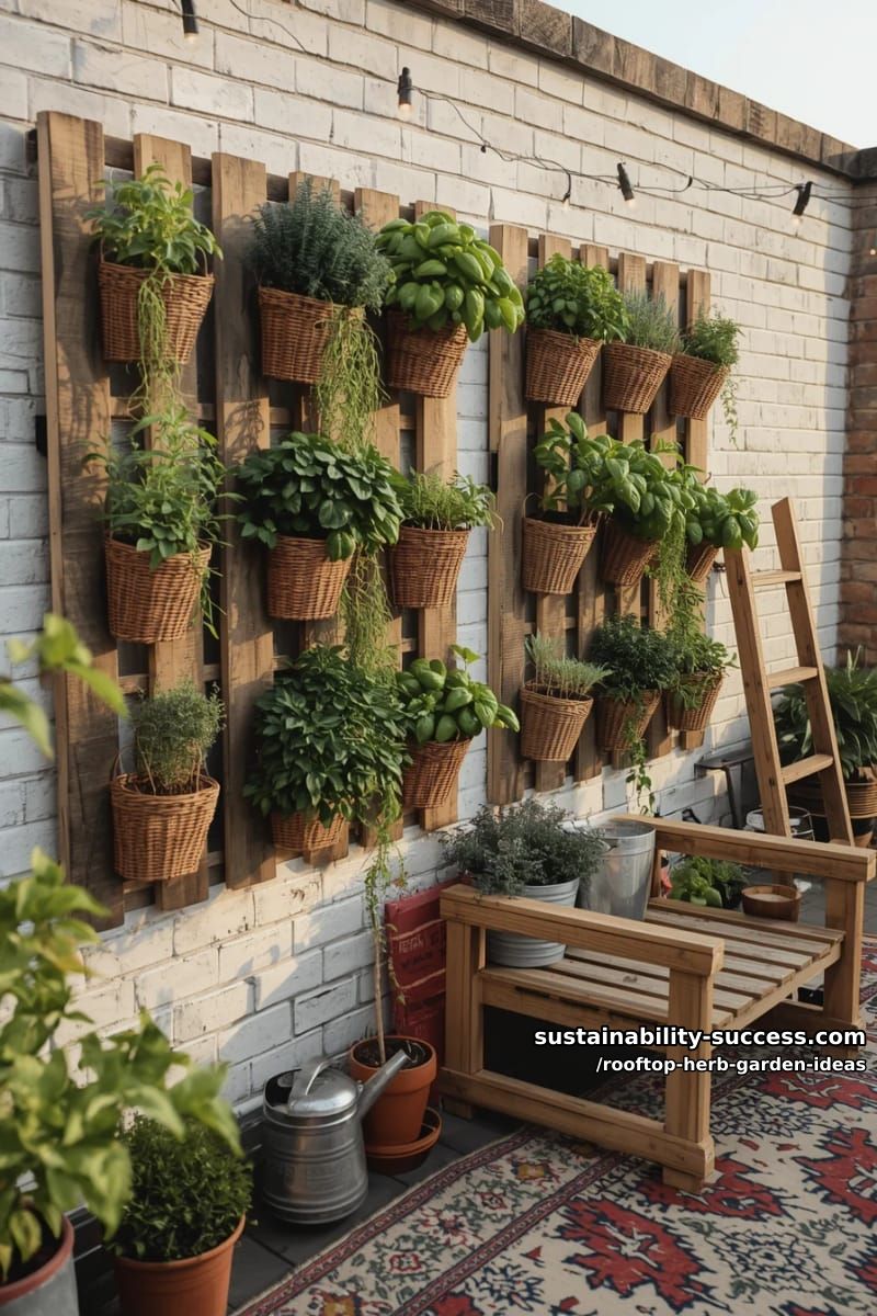 vertical wall planters filled with cascading rosemary and lush basil 1