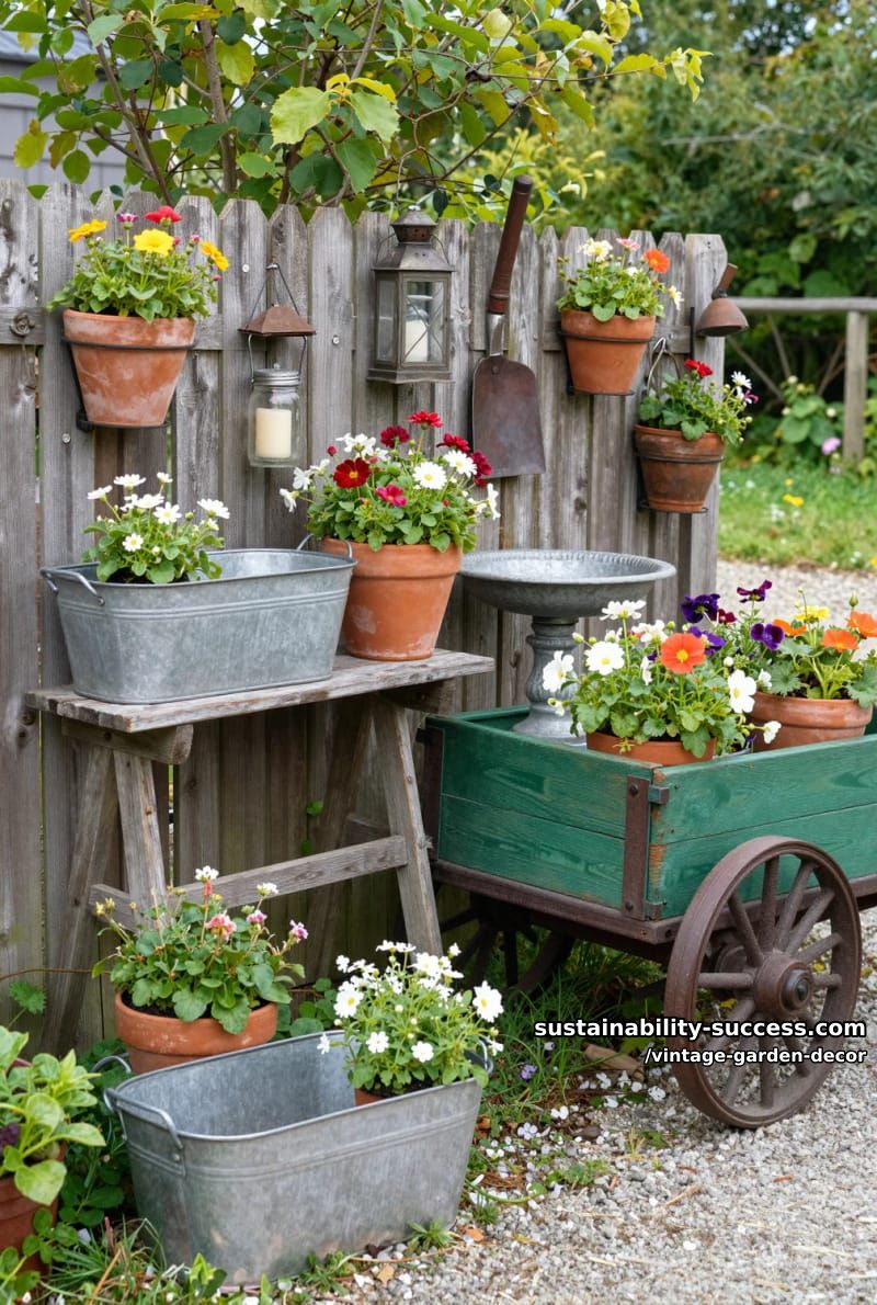 vintage garden with wooden fences, metal tubs, hanging lanterns, and antique cart. 1