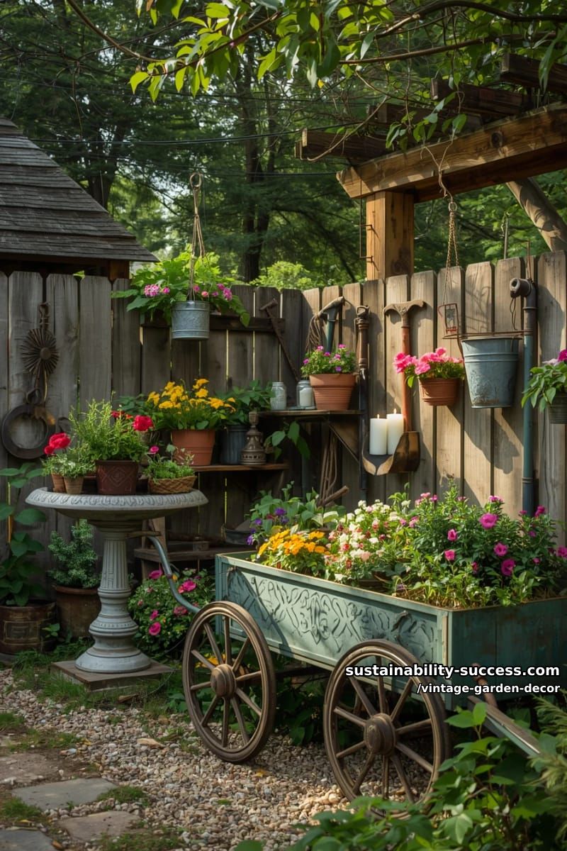vintage garden with wooden fences, metal tubs, hanging lanterns, and antique cart. 1
