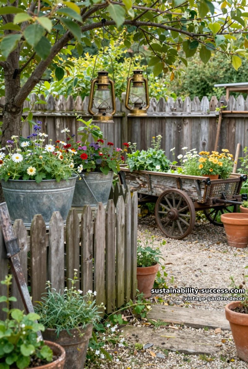 vintage garden with wooden fences, metal tubs, hanging lanterns, and antique cart. 1
