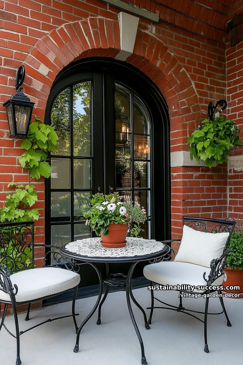 vintage patio with brick wall, wrought iron lanterns, and lush plants. 1