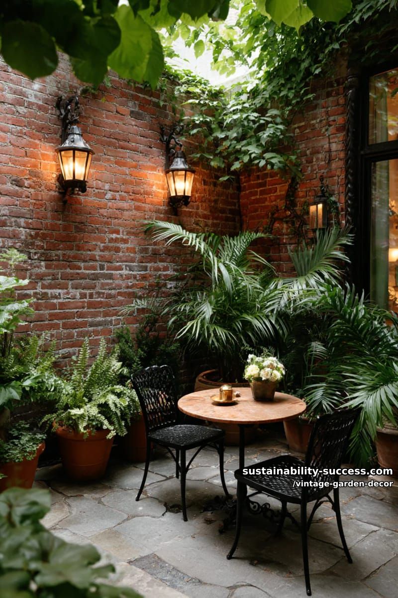 vintage patio with brick wall, wrought iron lanterns, and lush plants. 1