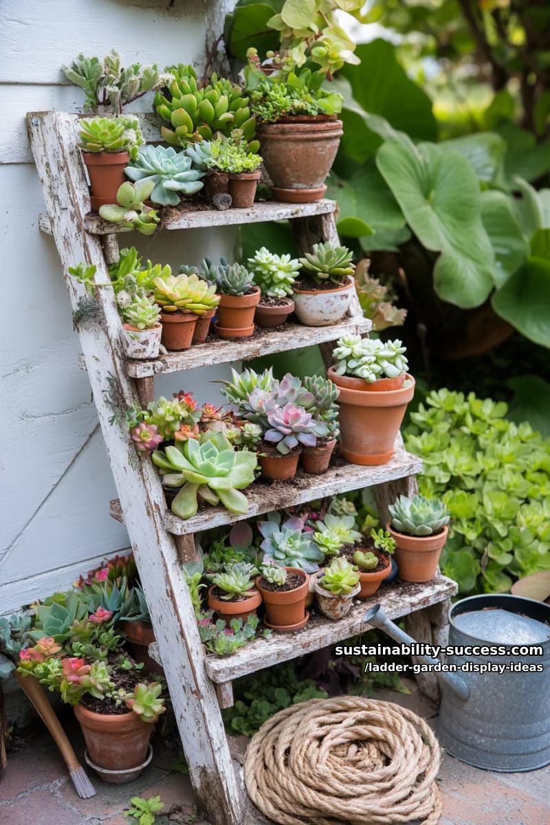 vintage step ladder transformed into colorful succulent showcase 1