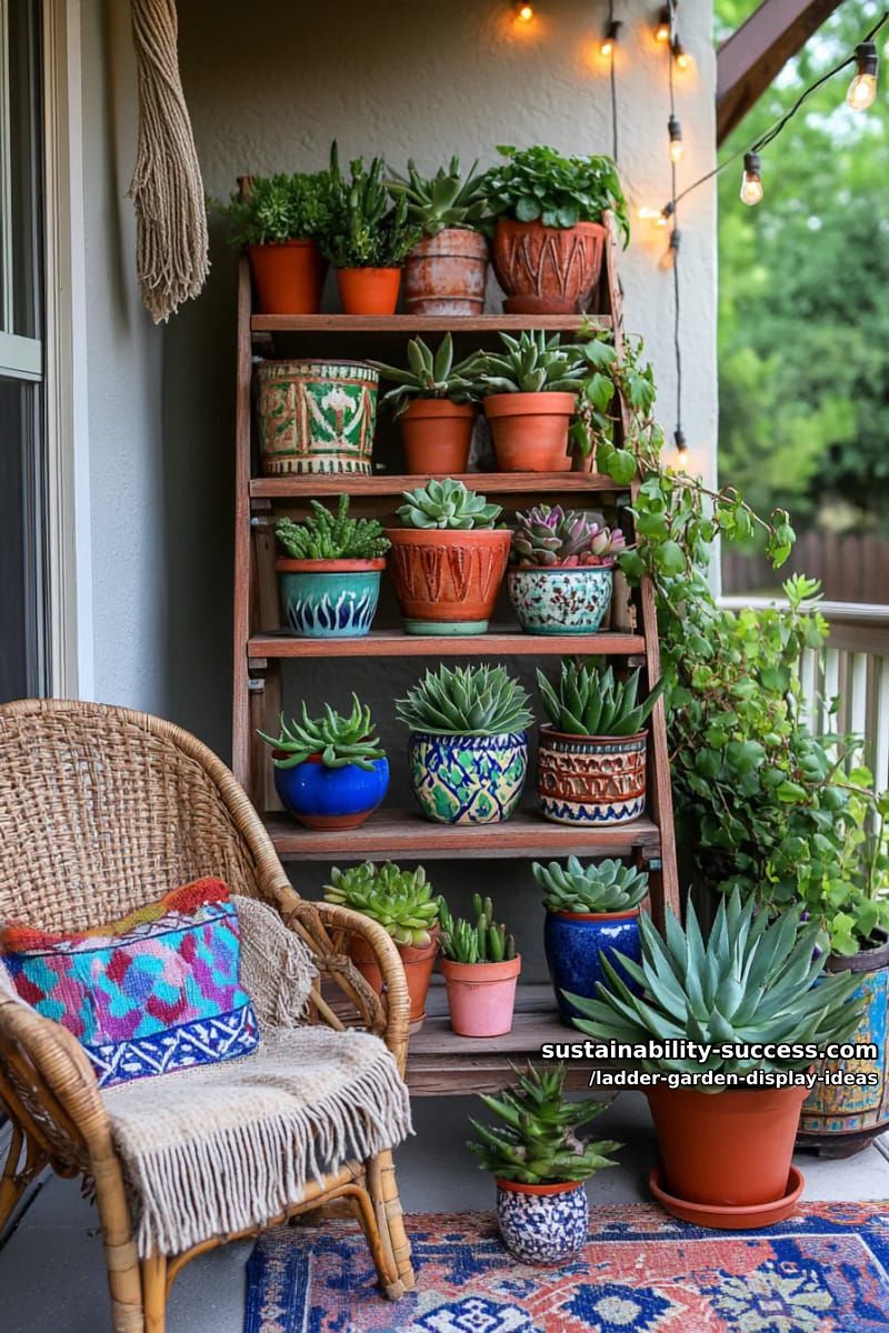 vintage step ladder transformed into colorful succulent showcase 1